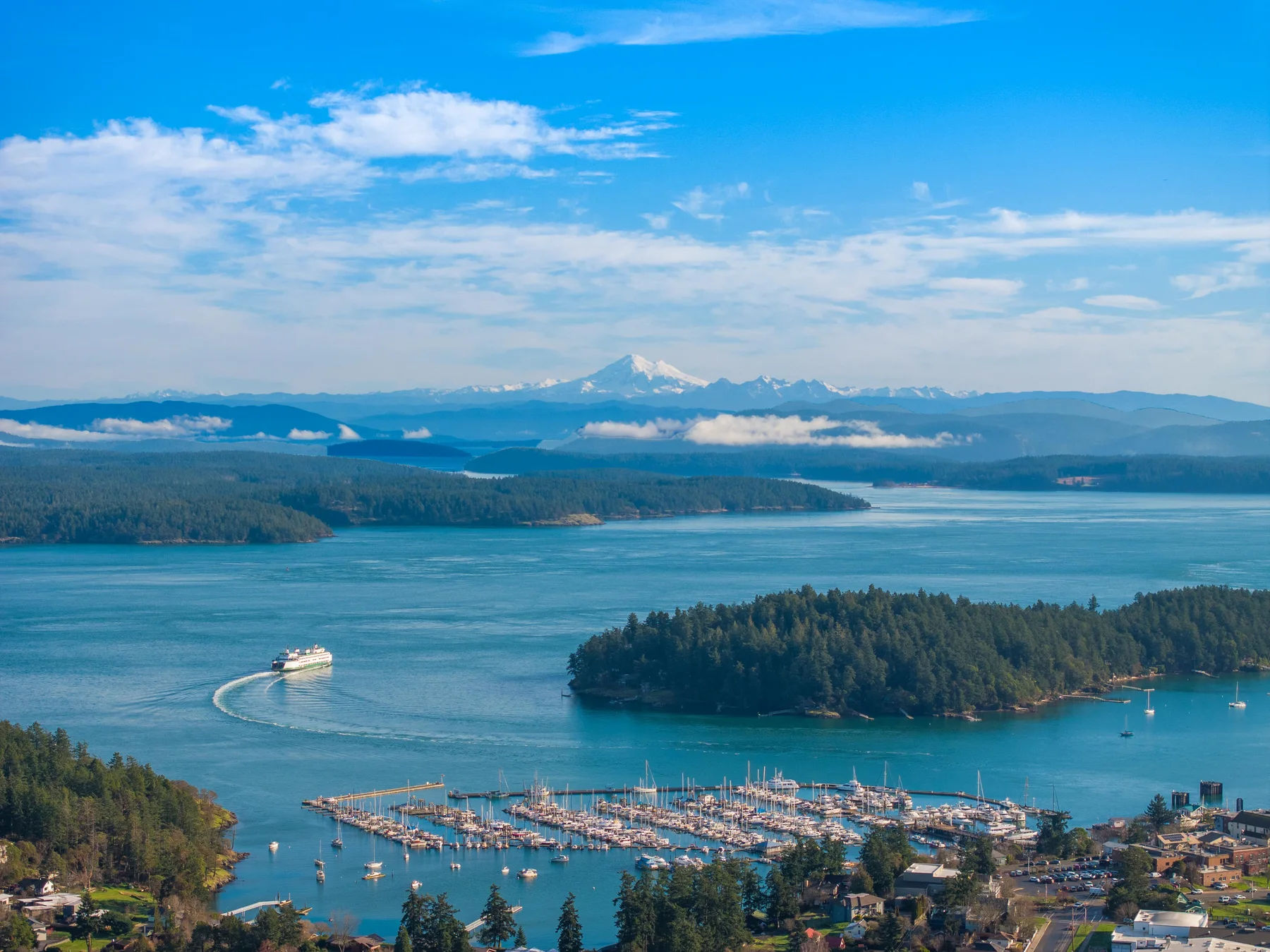 Aerial view of the harbor, marina, and neighboring islands